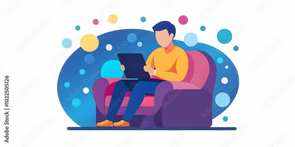 Soft Abstract Digital Art of Remote Worker in Cozy Chair with Tablet Surrounded by Bokeh Lights - Emphasizing Comfort and Flexibility in Mobile Work Soft Abstract Digital Art of Remote Worker in Cozy Chair with Tablet Surrounded by Bokeh Lights - Emphasizing Comfort and Flexibility in Mobile Work