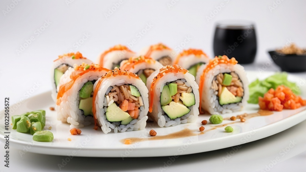 A serving of sushi rolls with wasabi and soy sauce, elegantly displayed on a white plate, isolated on white background.- A serving of sushi rolls with wasabi and soy sauce, elegantly displayed on a white plate, isolated on white background.-