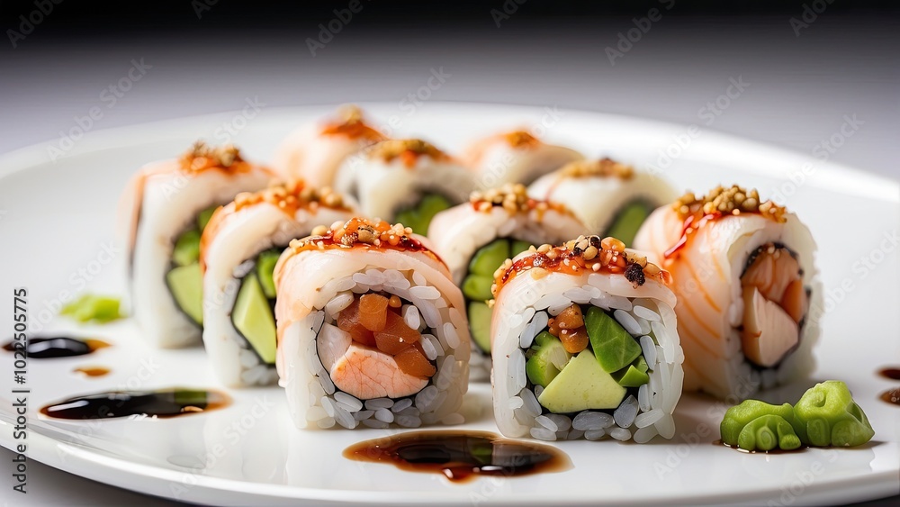 A serving of sushi rolls with wasabi and soy sauce, elegantly displayed on a white plate, isolated on white background.- A serving of sushi rolls with wasabi and soy sauce, elegantly displayed on a white plate, isolated on white background.-