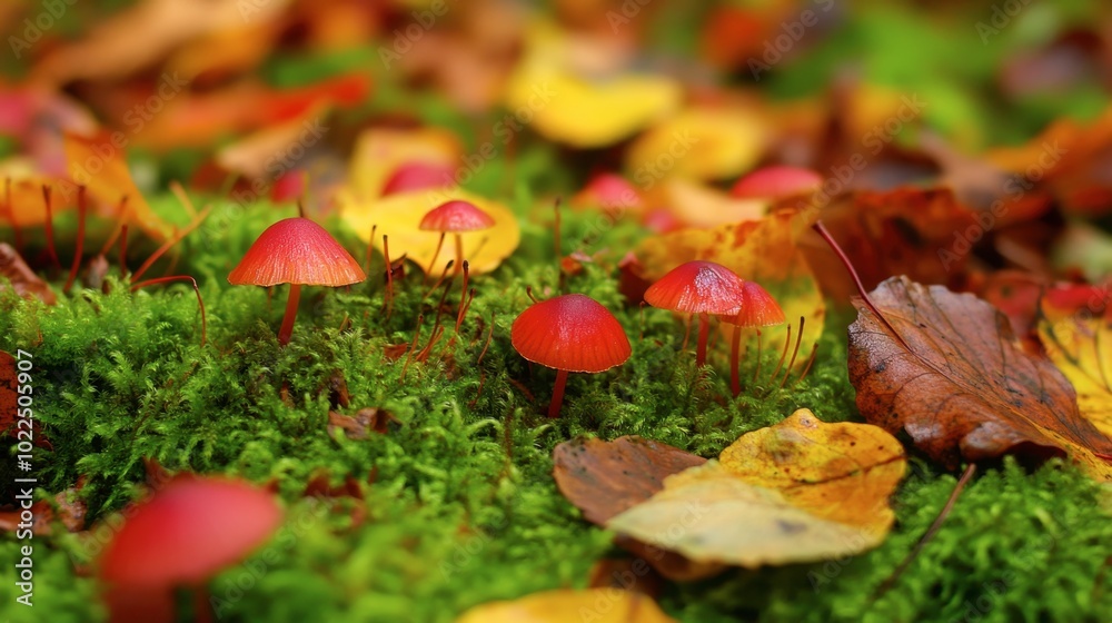 A group of small mushrooms growing in a bed of moss, with fallen autumn leaves scattered around. A group of small mushrooms growing in a bed of moss, with fallen autumn leaves scattered around.