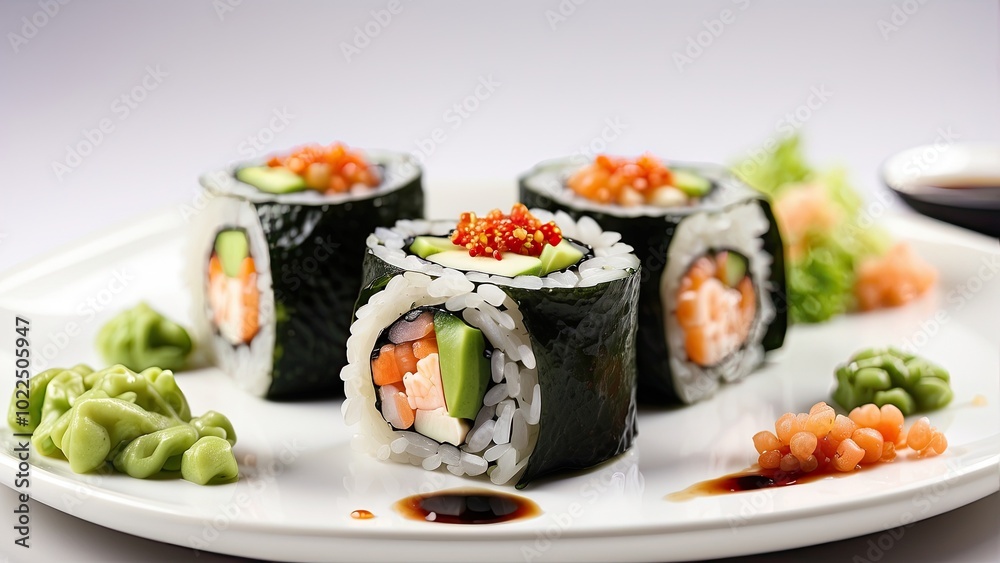 A serving of sushi rolls with wasabi and soy sauce, elegantly displayed on a white plate, isolated on white background.- A serving of sushi rolls with wasabi and soy sauce, elegantly displayed on a white plate, isolated on white background.-