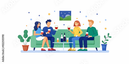 Friends Relaxing in Cozy Living Room: Enjoying Wine Together in a Warm Homely Setting | Candid Photo Stock Image