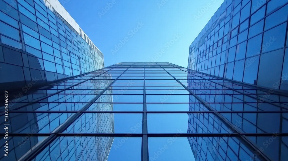 A high-rise office building reflected in the windows of a modern skyscraper, with clear blue skies.