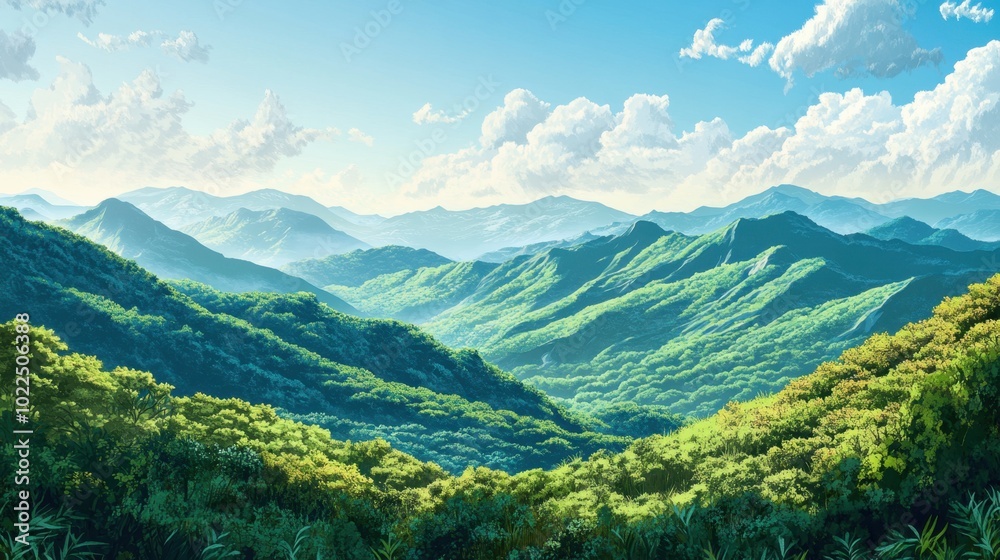 Serene Lush Green Mountain Landscape with Layers of Hills and Valleys under Clear Blue Sky Serene Lush Green Mountain Landscape with Layers of Hills and Valleys under Clear Blue Sky
