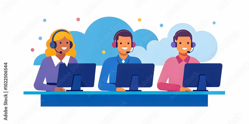 Candid Photograph of Cloud Service Support Team Assisting Customers Over Phone and Chat in Open Office with Headsets, Monitors, and Natural Interactions Conveying Competence and Customer Service Candid Photograph of Cloud Service Support Team Assisting Customers Over Phone and Chat in Open Office with Headsets, Monitors, and Natural Interactions Conveying Competence and Customer Service