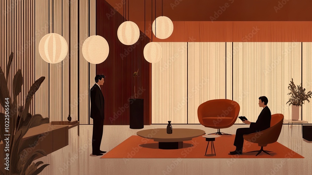 Two men in a modern office setting with stylish decor.