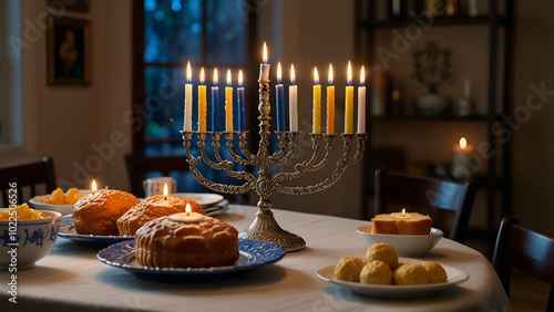 A festive table setup for a Hanukkah celebration, menorah with lit candles, traditional food, and blue and white decorations, soft warm lighting.
 photo