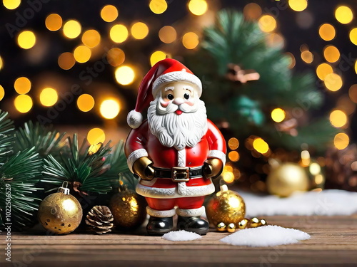 Father Frost (Santa Claus), Christmas tree toy, blurred background of colored lights. New Year festive atmosphere