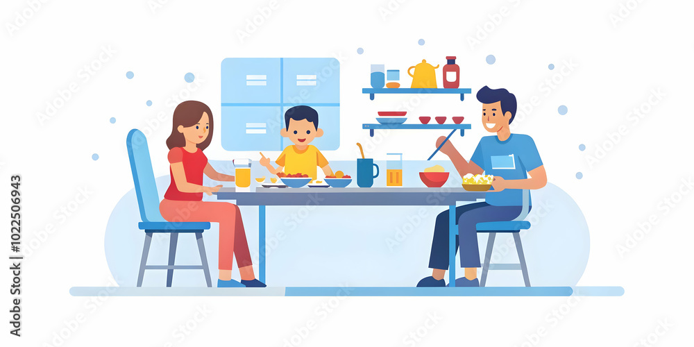 Glossy Kitchen Breakfast Table Family Scene | Modern Spacious Design Capture of Families Enjoying a Warm Morning Together with Plenty of Room for Text in Photo Stock Concept