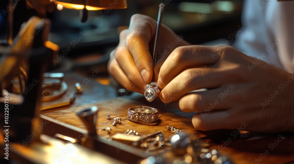 A jewelry designer working on a custom-made ring, carefully setting a gemstone. A jewelry designer working on a custom-made ring, carefully setting a gemstone.