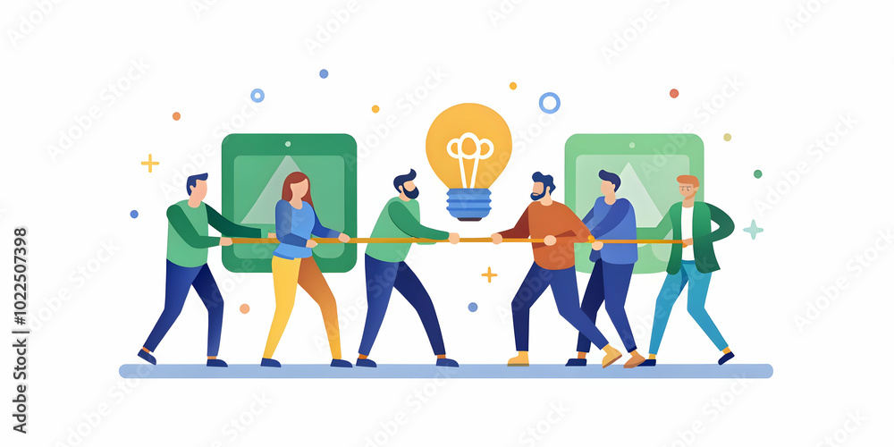 Business Team Collaboratively Pulling Digital Rope Towards Glowing Milestone Icon � Symbolizing Teamwork & Achievement in Tech and Business in the Netherlands (Wide Shot with Soft Abstract Bokeh Effec
