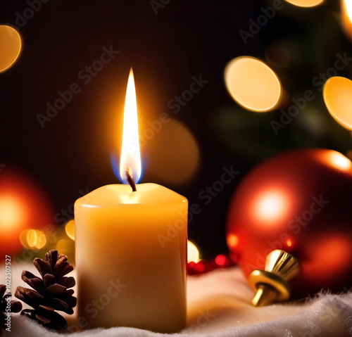 Burning candles, Christmas tree decorations. Festive atmosphere of the New Year. New Year's card.