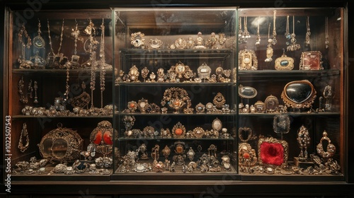 A jewelry display case filled with antique brooches, necklaces, and earrings, evoking a sense of history.