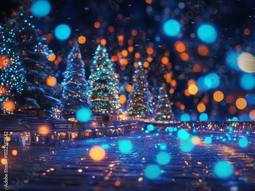 Festive atmosphere of the New Year. Multicolored Christmas lights on winter city streets. New Year's background for creativity