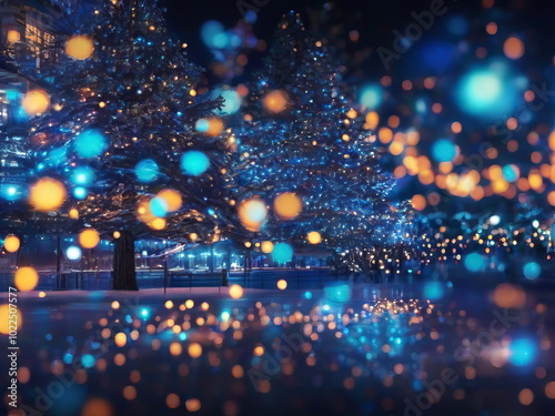 Festive atmosphere of the New Year. Multicolored Christmas lights on winter city streets. New Year's background for creativity