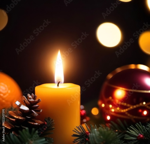 Burning candles, Christmas tree decorations. Festive atmosphere of the New Year. New Year's card.