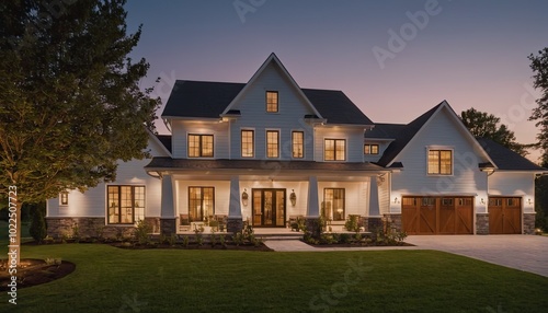 An elegant farmhouse style home with white and black exterior color combination featuring large wind 7