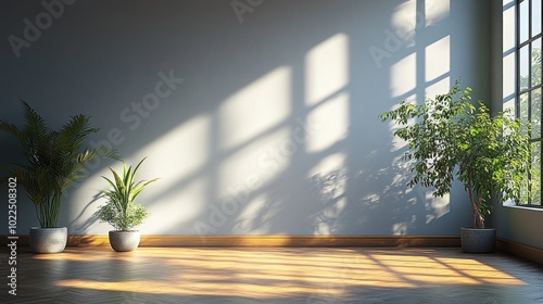 Bright room with plants and shadows creating a serene atmosphere.