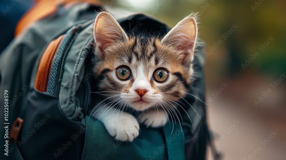 A kitten poking its head out of a backpack, ready for adventure with curious eyes and twitching ears.