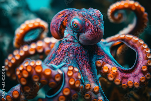 Angry multicolored octopus with tentacle