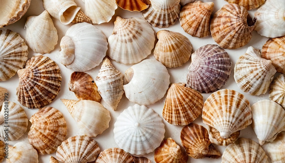 Seashells of various shapes and sizes arranged on a beige background 9 Seashells of various shapes and sizes arranged on a beige background 9