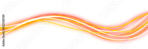 Neon orange yellow Glowing Wavy Line Design on a transparent background