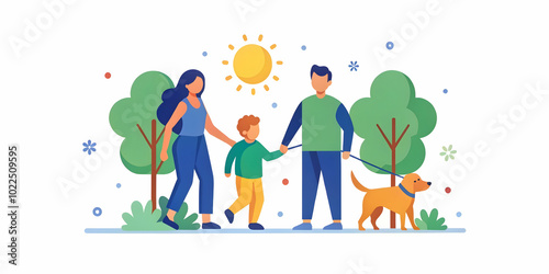 Bokeh Family Walk with Dog: Emotional Bond Highlighted in a Sunlit Park Background - Pet Love Captured in Stock Photo