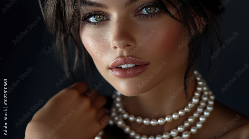 A model posing with layered pearl necklaces, adding a modern twist to classic elegance. A model posing with layered pearl necklaces, adding a modern twist to classic elegance.