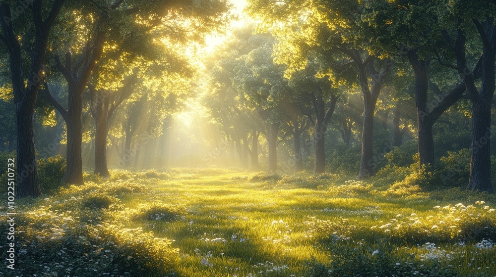 Obraz premium Serene forest path illuminated by soft sunlight.