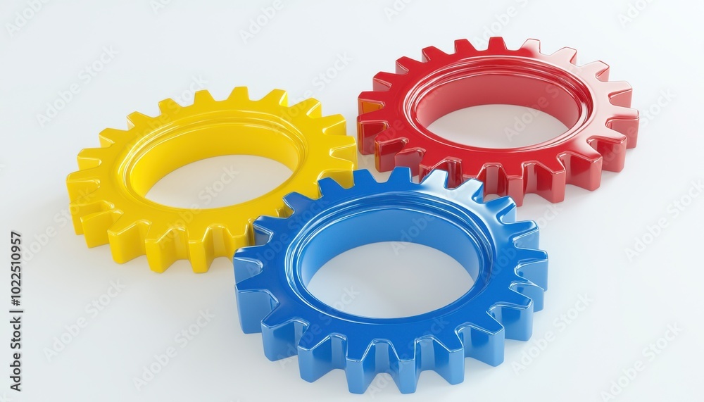 This image features three colorful gears in yellow, blue, and red, symbolizing collaboration and mechanical processes. This image features three colorful gears in yellow, blue, and red, symbolizing collaboration and mechanical processes.