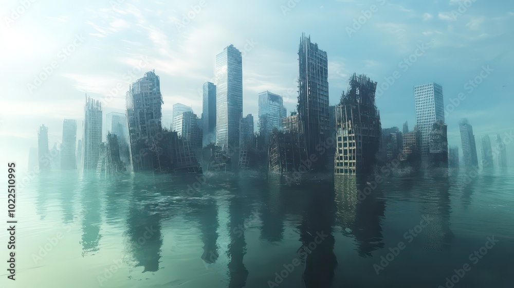Fototapeta premium Submerged Cityscape: Impact of Rising Sea Levels on Modern Urban Skyscrapers - Climate Change and Global Flooding Crisis