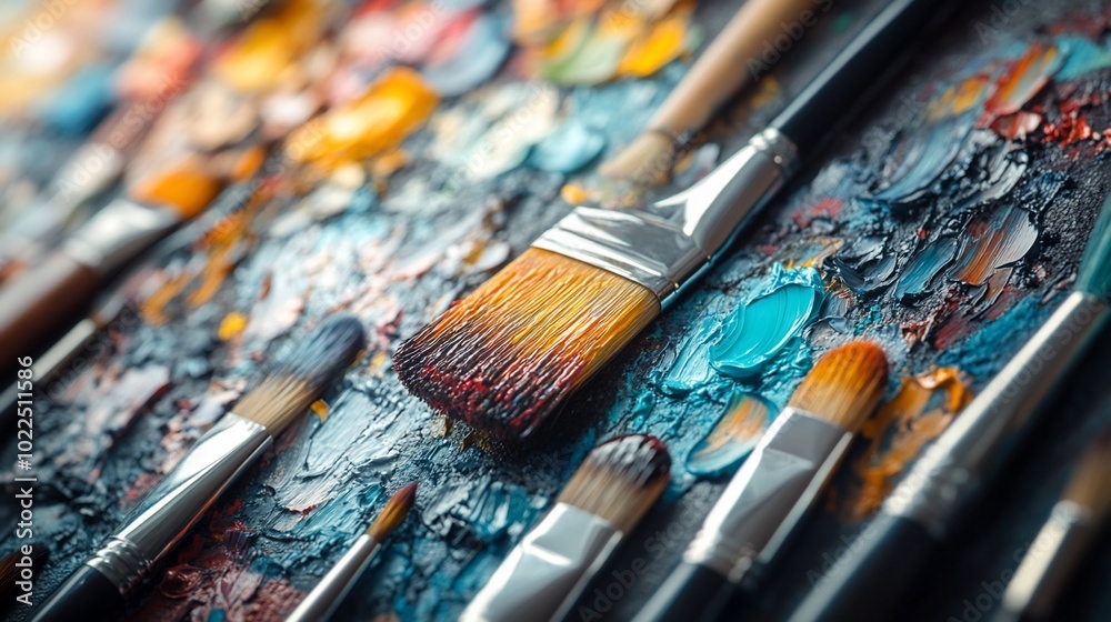 Fototapeta premium Close-up of paintbrushes on a palette with colorful paint.