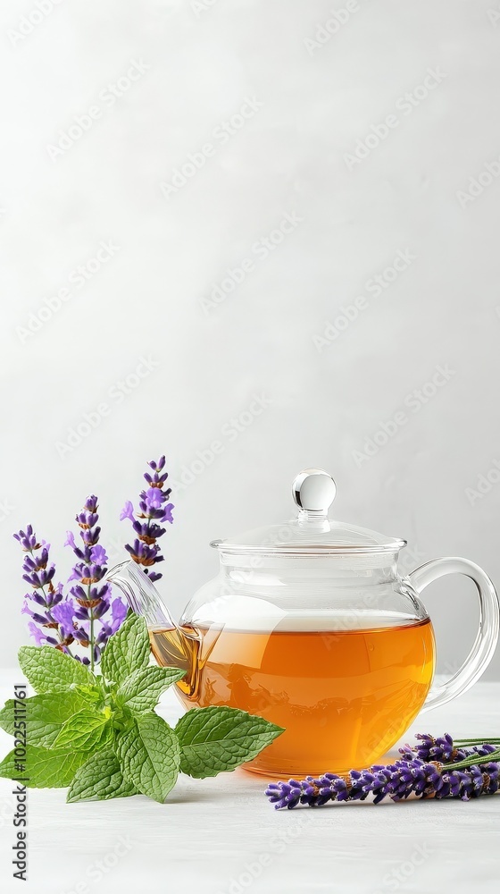 Fototapeta premium Peppermint and lavender tea in a sleek glass teapot, chic modern kitchen, bright and airy, herbal tea, calming and refreshing with space for text