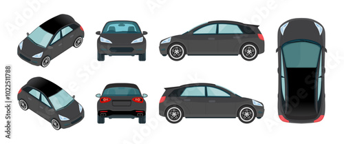 3D Black Sedan and Hatchback Car Mockup: All Views (Top, Side, Front, Rear, back). Vehicle Template on White Background. Vector.