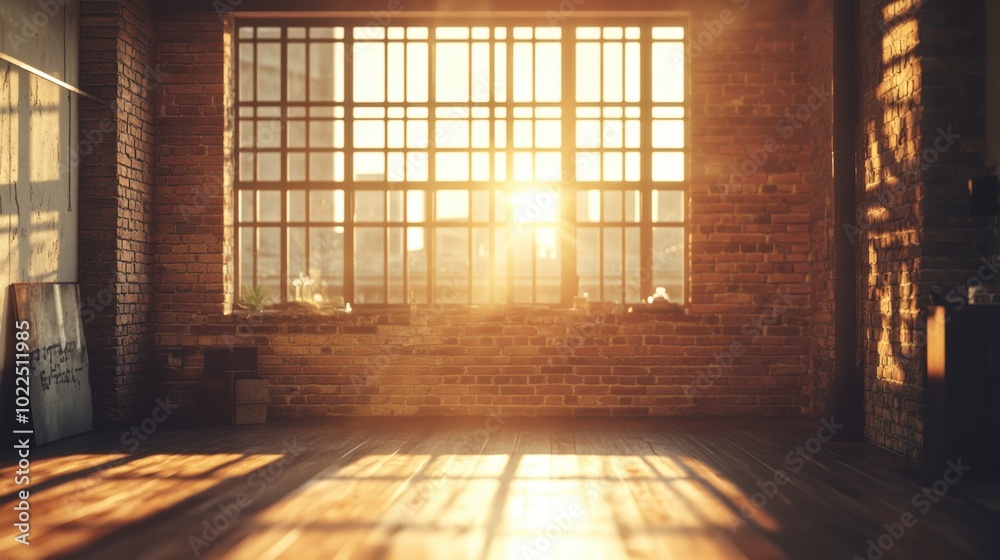An industrial loft with massive windows, letting in golden sunlight that illuminates the brick walls. An industrial loft with massive windows, letting in golden sunlight that illuminates the brick walls.