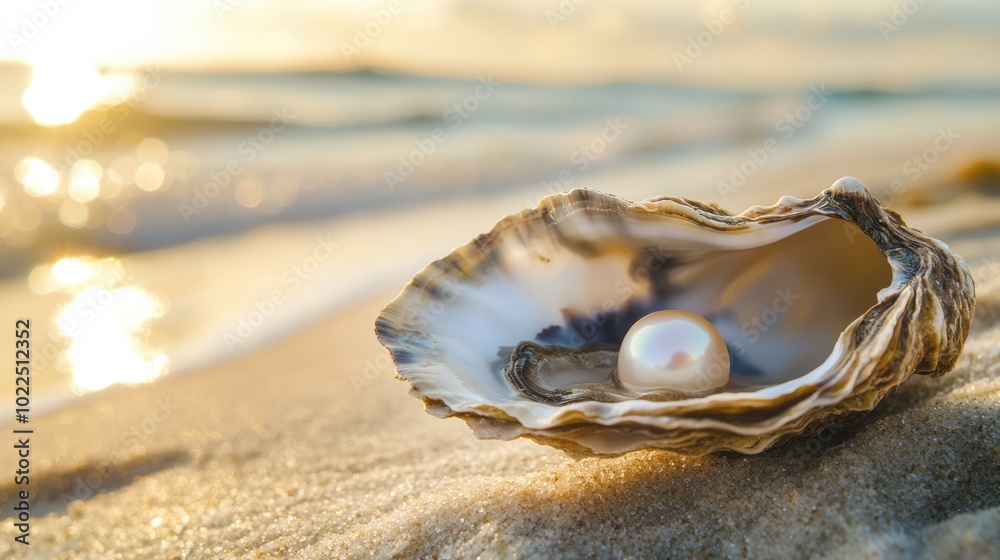An oyster shell with a pearl nestled inside, photographed against a beach background. An oyster shell with a pearl nestled inside, photographed against a beach background.