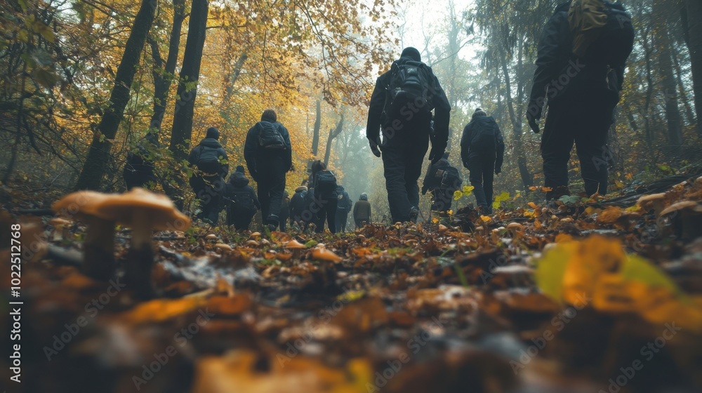 A mushroom hunting expedition, with a group of people searching the forest for edible fungi. A mushroom hunting expedition, with a group of people searching the forest for edible fungi.