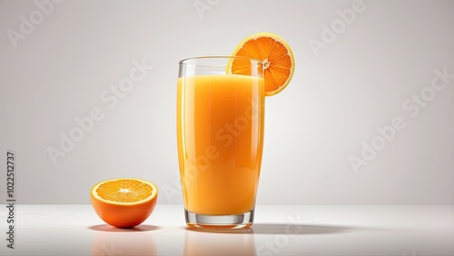  A tall glass of fresh orange juice with a slice of orange on the rim, isolated on white background