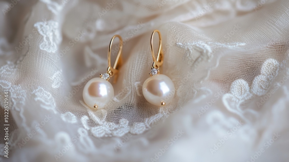 A pair of delicate pearl earrings resting on a lace fabric, perfect for a bridal accessory. A pair of delicate pearl earrings resting on a lace fabric, perfect for a bridal accessory.