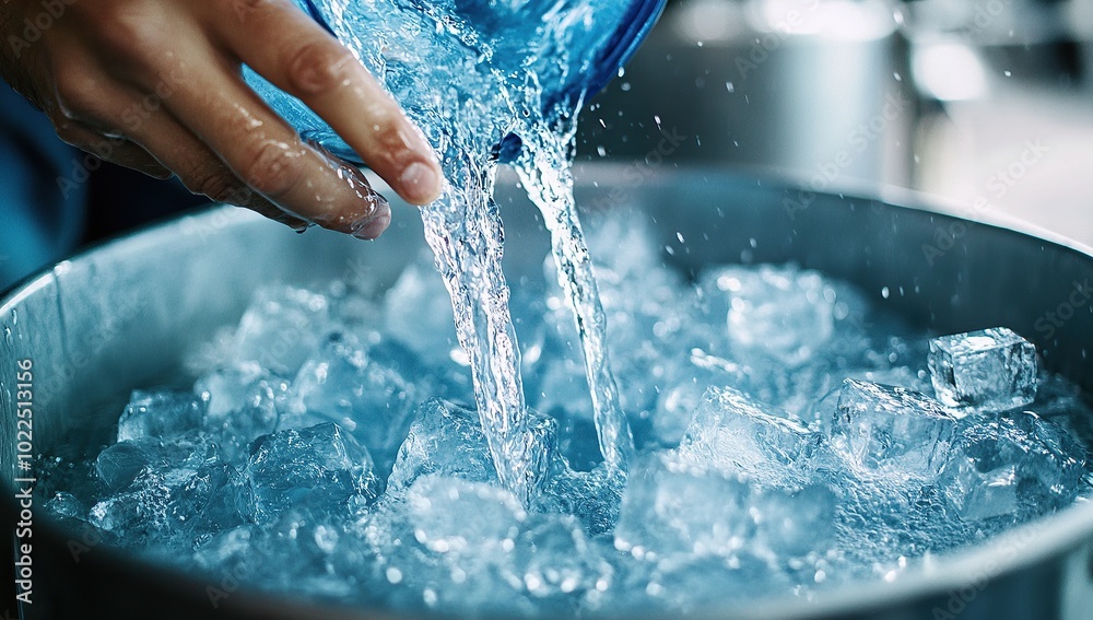 A person is pouring water from an ice bucket into another large pot of clear liquid A person is pouring water from an ice bucket into another large pot of clear liquid