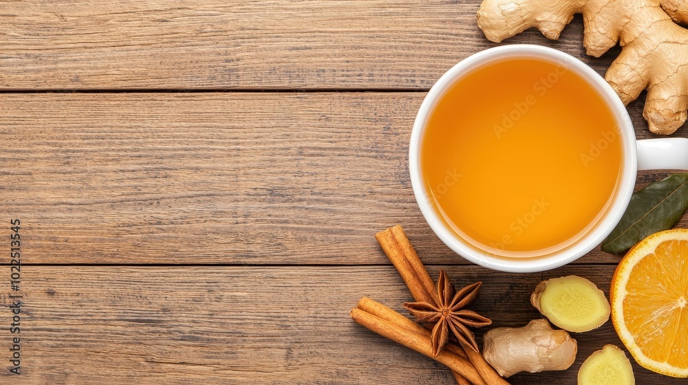 Cinnamon and ginger tea with vibrant spices, cozy wooden kitchen, warm tones, herbal tea, immune-boosting winter drink with space for text Cinnamon and ginger tea with vibrant spices, cozy wooden kitchen, warm tones, herbal tea, immune-boosting winter drink with space for text