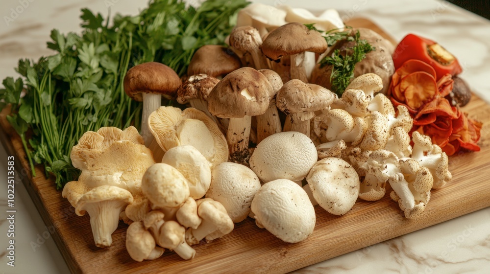 A variety of edible mushrooms displayed on a wooden board, ready for a culinary creation. A variety of edible mushrooms displayed on a wooden board, ready for a culinary creation.