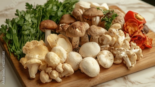 A variety of edible mushrooms displayed on a wooden board, ready for a culinary creation.