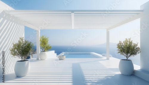 Cliffside pergola in the Greek Mediterranean with serene sea views and white minimalist decor.