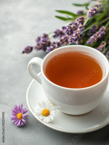 Chamomile and lavender tea in a vintage porcelain teacup, surrounded by fresh flowers, soft cozy atmosphere, herbal tea, calming bedtime tea with space for text