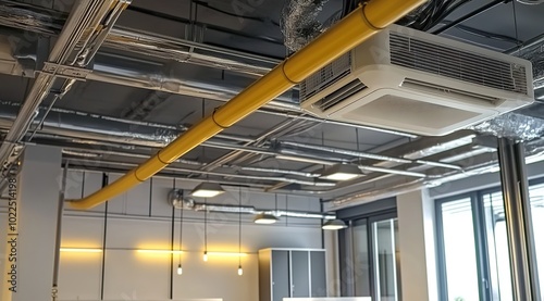 
An overhead shot of an air conditioning unit suspended from the ceiling
 photo