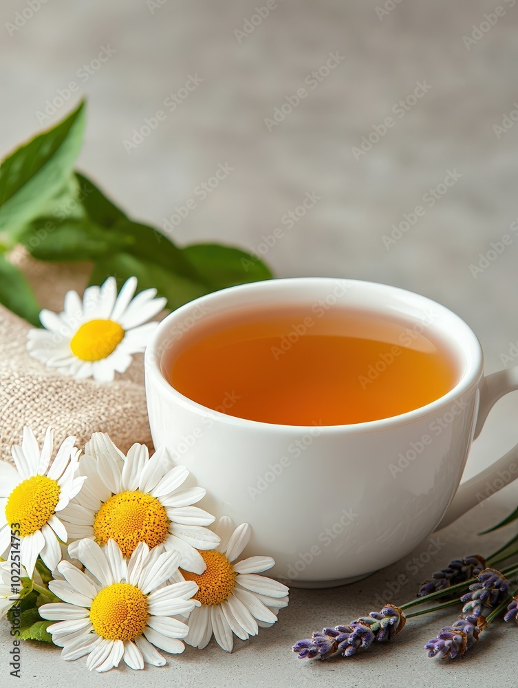 Chamomile and lavender tea in a delicate porcelain cup with vintage floral patterns, soft cozy background, herbal tea, calming bedtime tea with space for text Chamomile and lavender tea in a delicate porcelain cup with vintage floral patterns, soft cozy background, herbal tea, calming bedtime tea with space for text