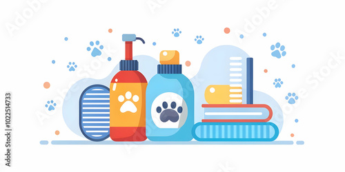 Glossy Background of Pet Bathing Essentials: Shampoo, Towels, Brushes - Cleanliness and Care for Grooming Products Promotion