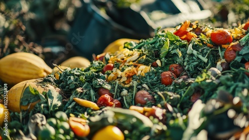 A vibrant assortment of organic waste, including various fruits and vegetables, creating a rich texture of colors and shapes in a compost pile, symbolizing natural decay. photo