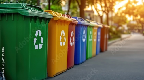 A row of colorful trash cans with recycling symbols on them stands along the street